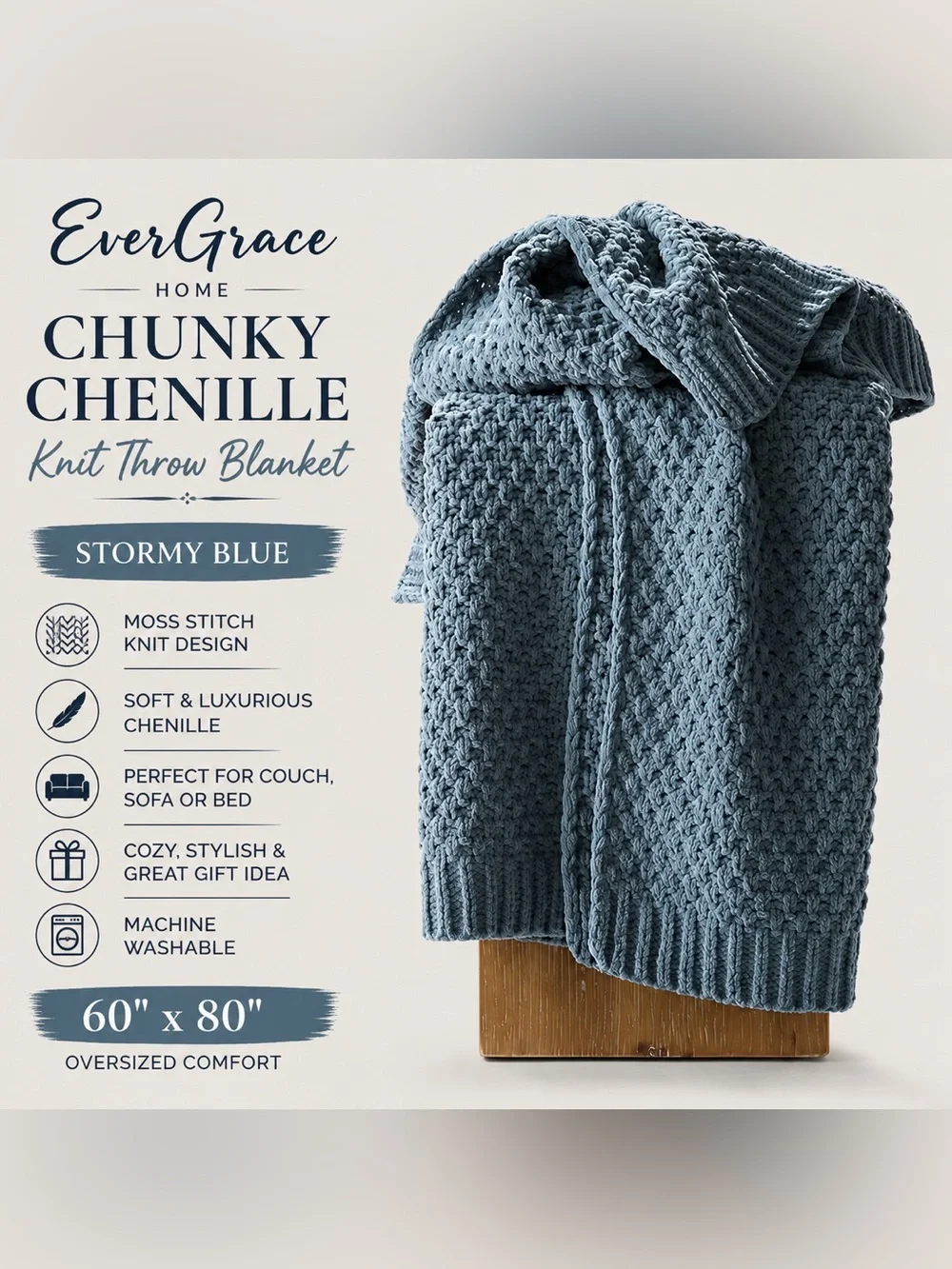 EverGrace Home Chunky Chenille Knit Throw Blanket Stormy Blue 60x80 Cozy SoftNWT